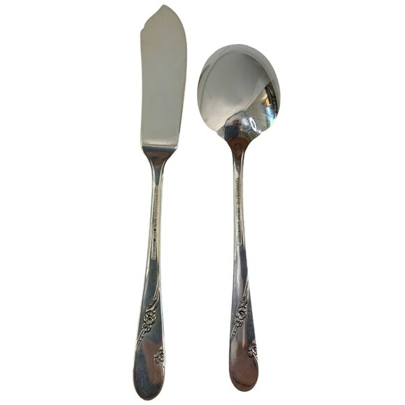 Bridal Wreath VTG 50s Oneida Tudor Plate Butter knife Jelly Spoon Set 7593 - Picture 2 of 6